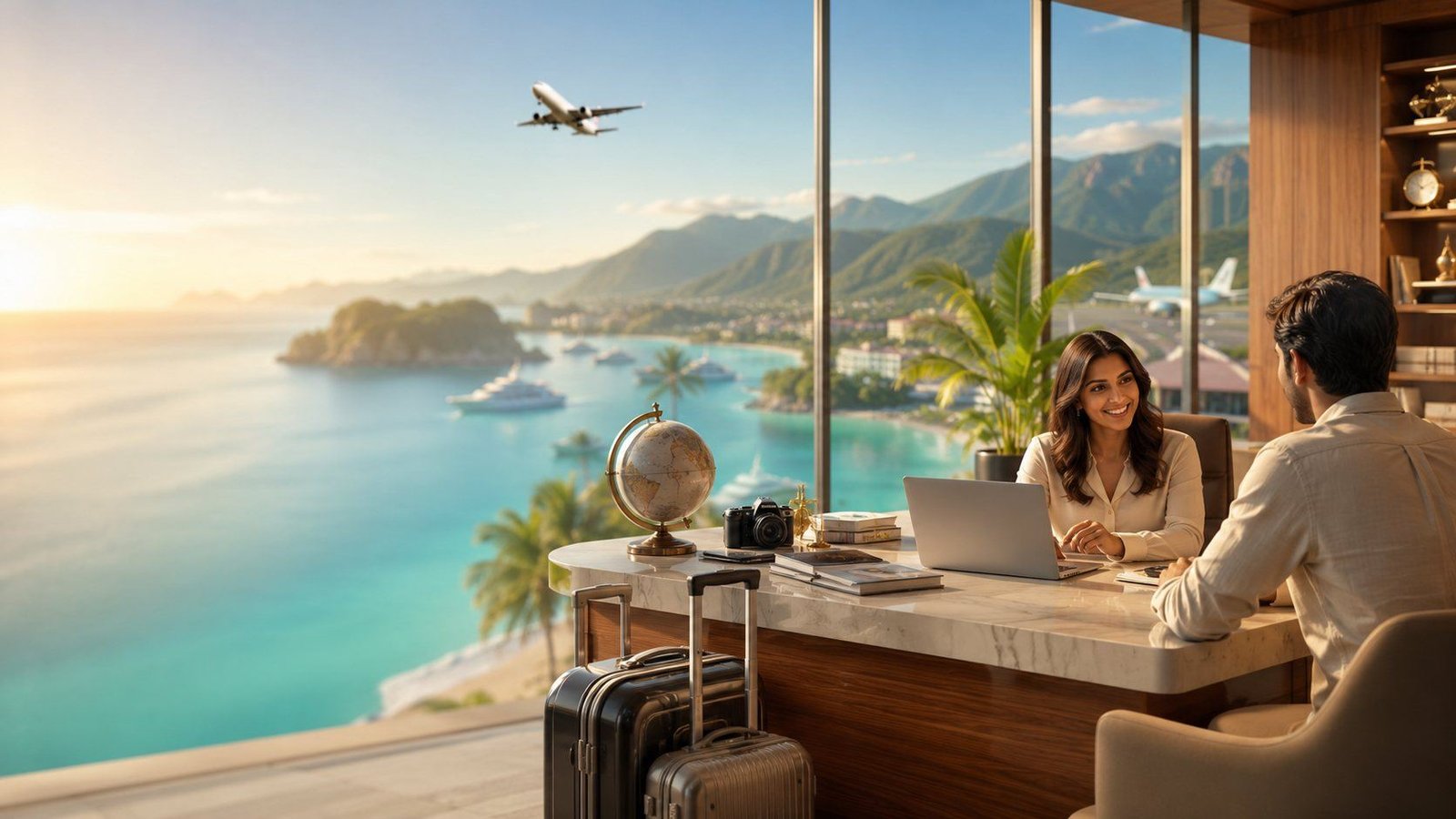 Travel advisor consulting with a client at a desk overlooking a tropical coastline, with luggage packed and ready