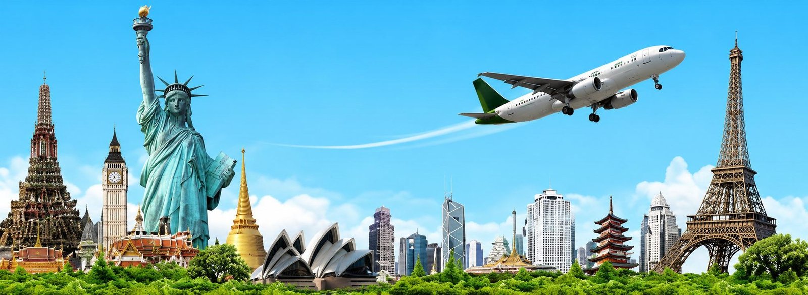 World landmarks montage - Statue of Liberty, Eiffel Tower, Big Ben, Sydney Opera House and Bangkok temples with an airplane taking off - international holiday packages by Safe Trip Holidays